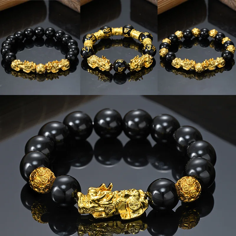 Feng Shui Black Obsidian Wealth Bracelet Good Luck Pi Xiu Bracelets Dragon Mantra Bead Bangle Attract Wealth for Men/Women