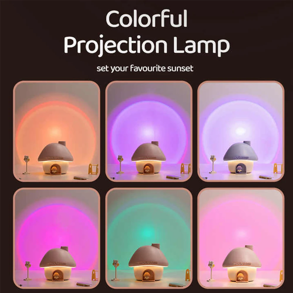 Mini humidificador de aire ultrasónico recargable por USB, humidificadores de aire inalámbricos portátiles con forma de seta de 300ml con lámpara de noche de puesta de sol para el hogar