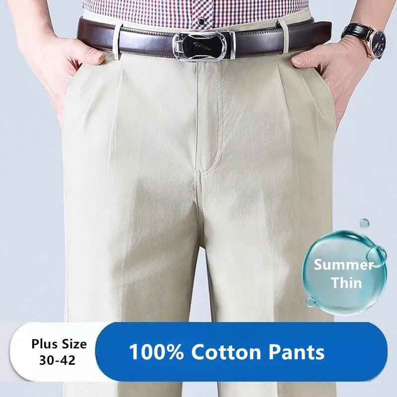 

Summer Men Cotton Suit Pants Thin High Waist Loose Straight Formal Plus Size 44 46 Business Breathable Deep Crotch Male Trousers
