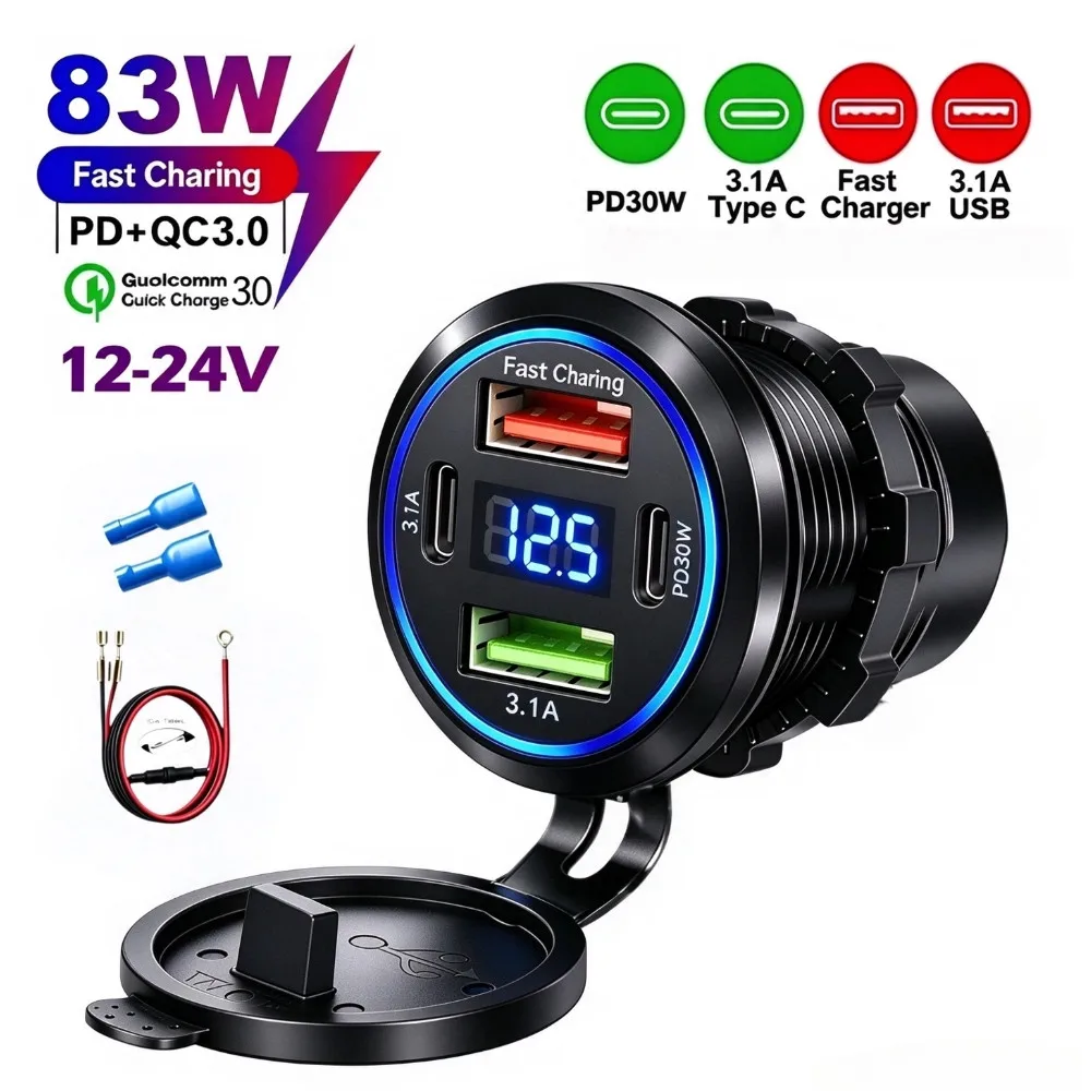 New 4-Port Car Charger Socket with LED Light Ring Digital Voltmeter, 30W PD Fast Charging, Universal for 12V/24V Cars and Boats