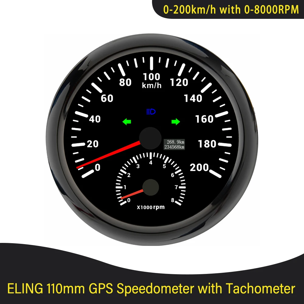 Universal 110mm GPS Speedometer 0-200km/h with 0-8000RPM Tachometer with Red Backlight for Car Yacht Van Boat 12V 24V