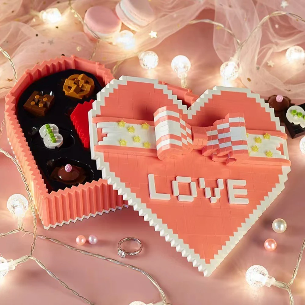 

Heart-shaped chocolate box building block set with ring box and diamond toy, perfect for anniversaries and Valentine's Day gifts