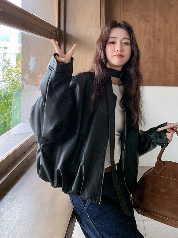 

Retro Hong Kong Sle ort Bla Sa Leather Jaet Women's Casual PU Leather Coat Spring 2025 New Small Size Commute Wind