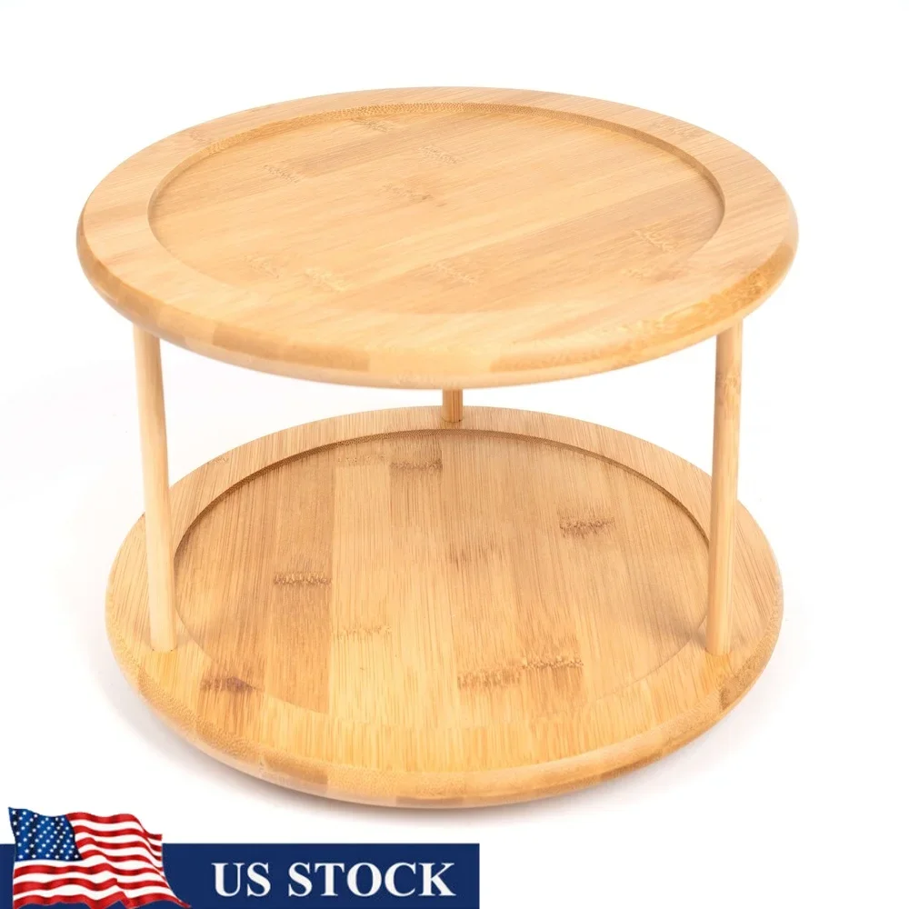 

Bamboo 2-Tier Spice Rack Rotating Kitchen Organizer Storage Seasoning Jars Cans Condiments Easy Assembly Multifunctional