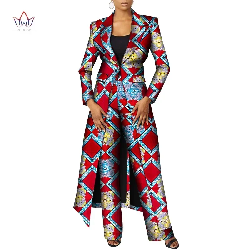 New Customize BintaRealWax African Clothes for Women Long Sleeve Coat and Pant African Women Print Wax Suits  Work Party WY8466