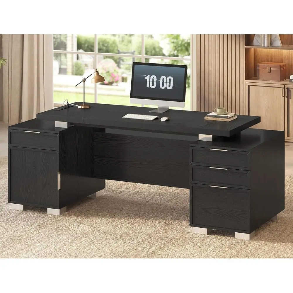 

80.6 Executive Desk with Power Outlet, 3 Large Cabinets, and Privacy Panel for Home or Office, Black