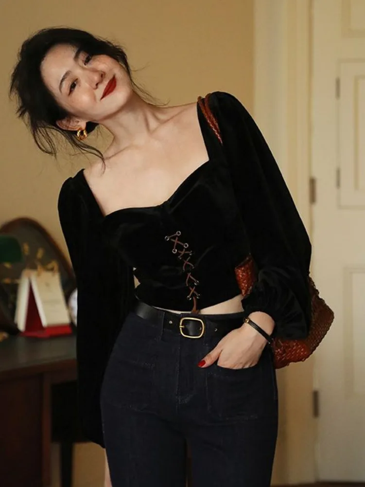 Women Black Simple Cropped Blouses Tops Pleated Slim Sexy Female Long Puff Sleeve Bandage Square Collar Vintage All-match Mujer