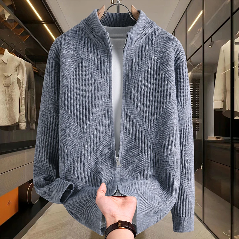 

Осень-зима, мужской полосатый жаккардовый вязаный кардиган на молнии с воротником-стойкой, теплые повседневные деловые вязаные куртки, мужская одежда 2025