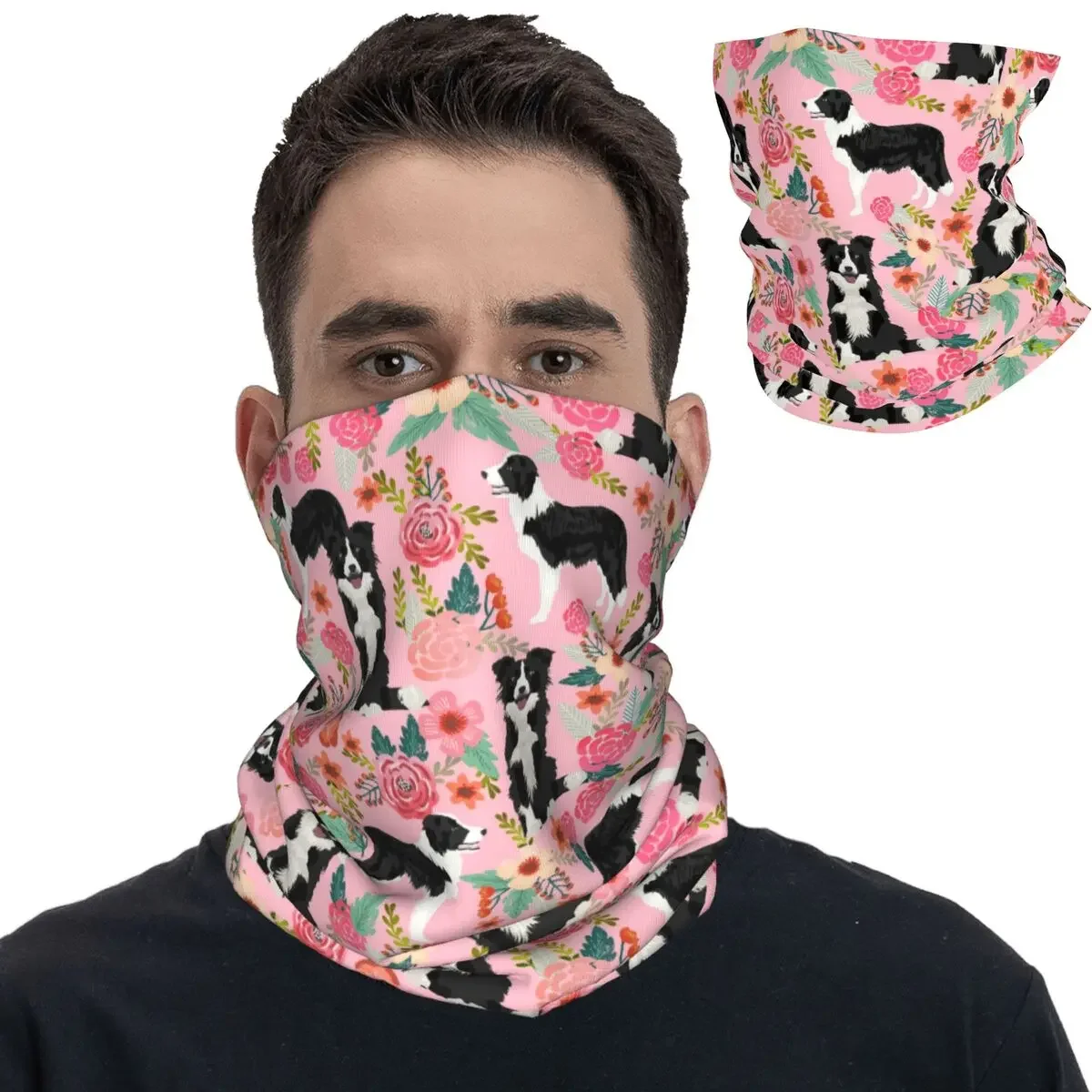 Border Collie Pink Floral Dog Bandana Neck Gaiter Printed Balaclavas Face Mask Scarf Warm Headwear Running Unisex Adult Winter