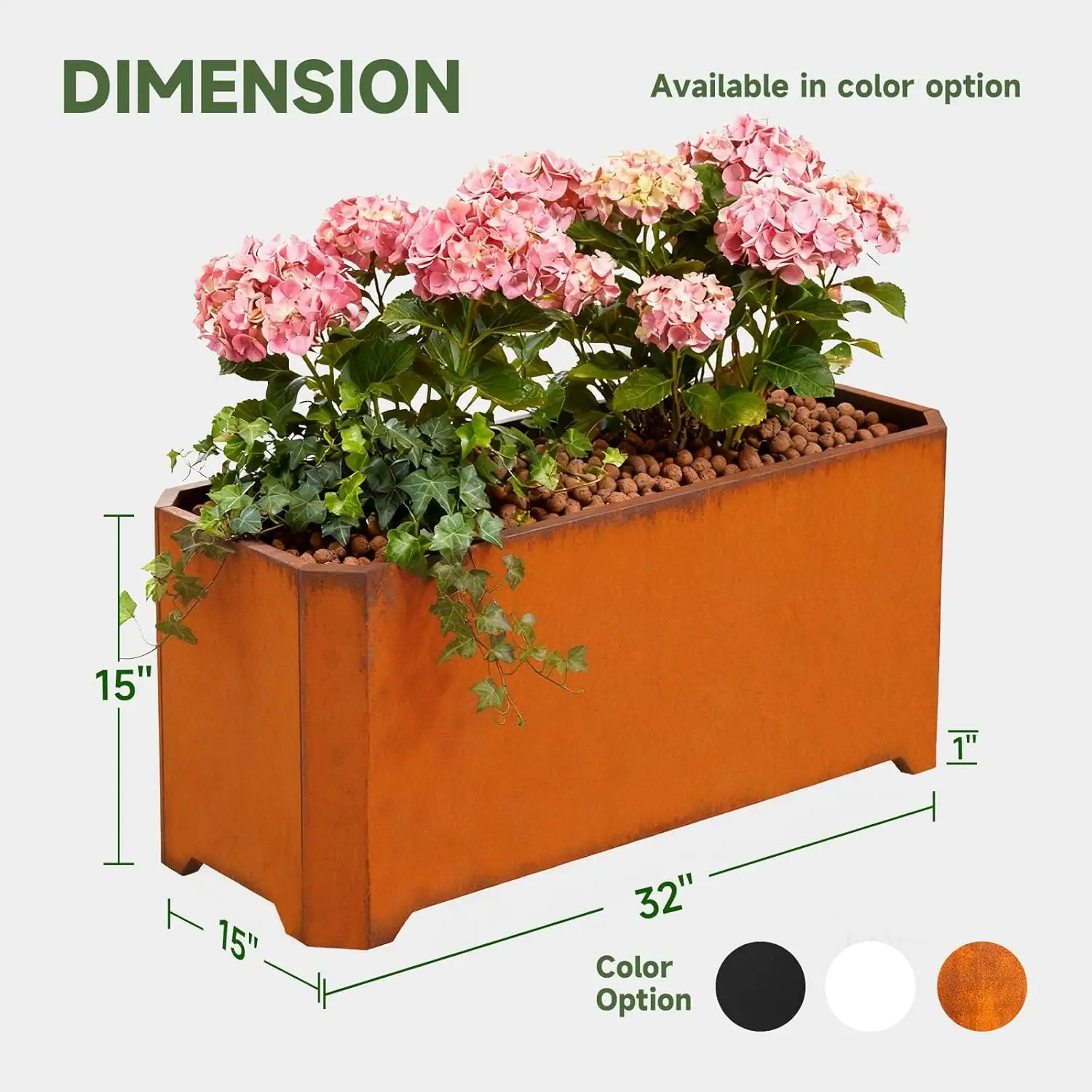 صندوق زراعة فولاذي من كورتن - 32 بوصة × 15 بوصة × 15 بوصة - مزارعات مستطيلة كبيرة للنباتات الخارجية، زارع طويل ريفي شديد التحمل مع مقاس مرتفع #2