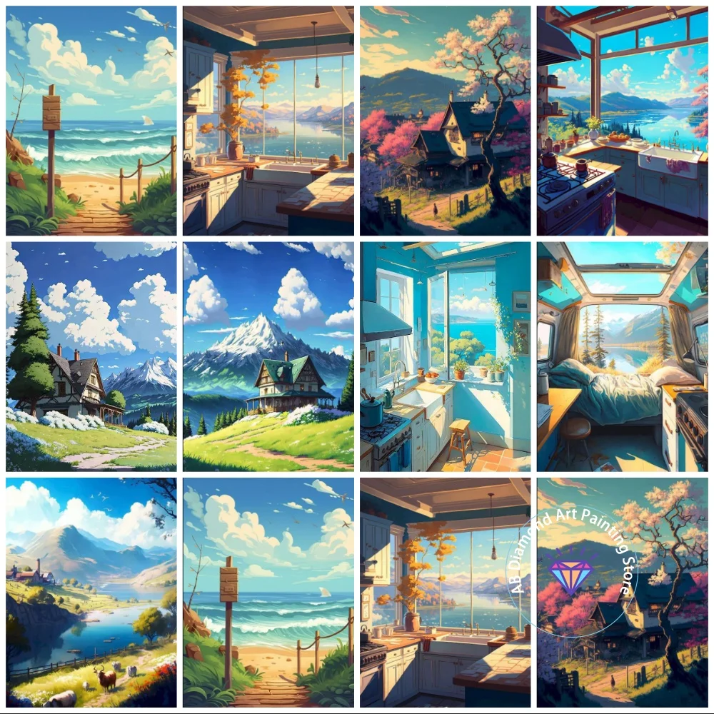 

New Glass Room Landscape AB Diamond Painting Kit Square Round Diamond 5D DIY Mosaic Handmade Art Adult Gift Home Decoration