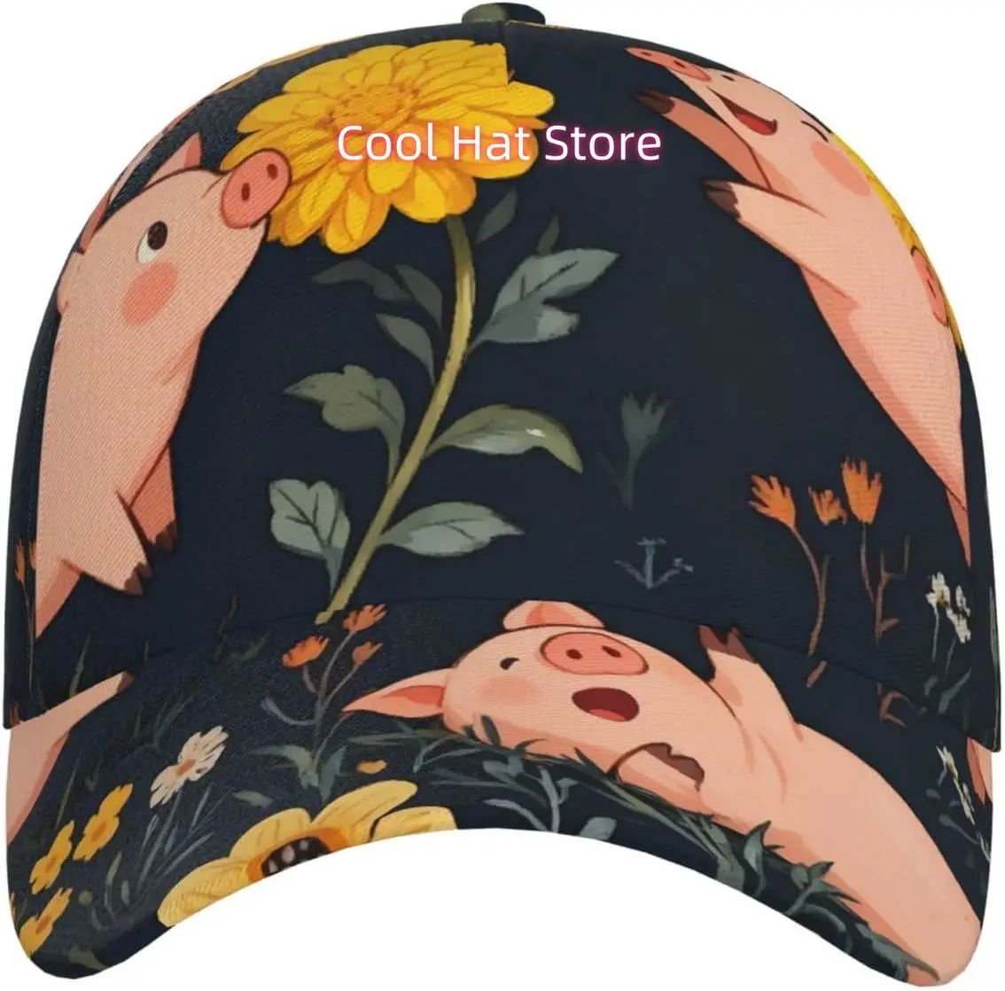 Cute Piggy Flower Pattern Baseball Cap Adjustable Cotton Baseball Hat for Sports, Outdoor, Travel Gifts for Men Black