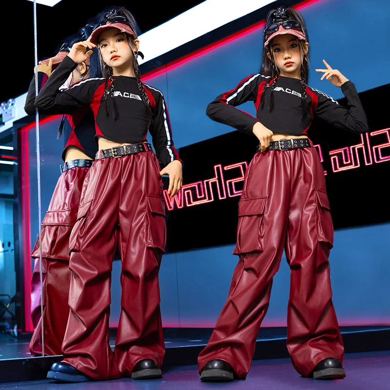 Girls Jazz Dance Hip Hop Dance Suit Catwalk Kids Stage Navel Black Top Red Shiny Leather Trousers