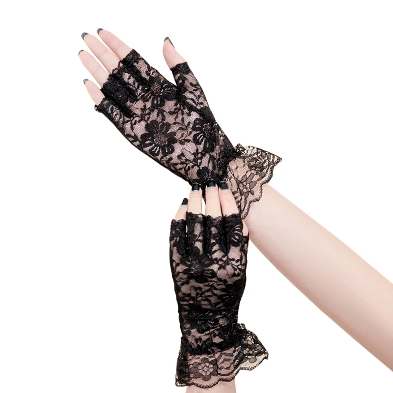 الصيف النساء الدانتيل القيادة الشمس حماية قفازات الاصبع الزفاف رقيقة مرونة شبكة ملموس شاشة نصف اصبع قفازات قصيرة