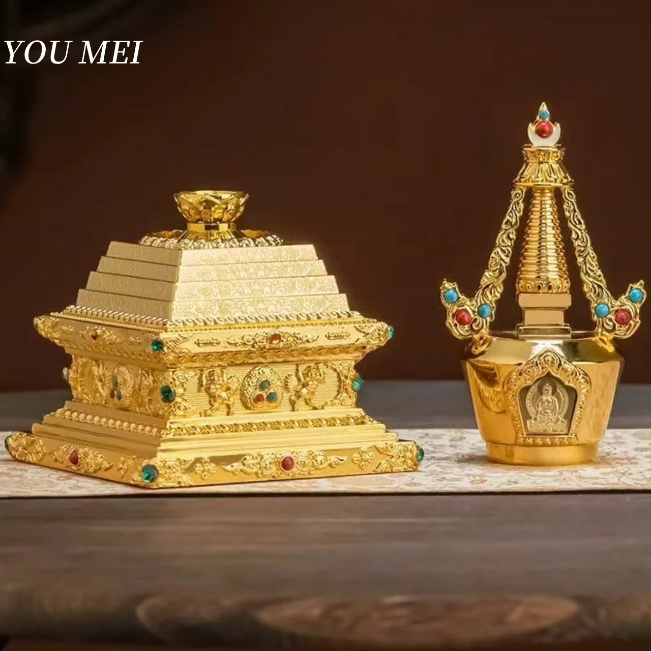 Multiple Sizes Buddhist Relics Pagoda,Engraving Inlaid Gem Alloy Double-Layer Tower,Tibetan Altars Stupa,Buddhist Item Religious
