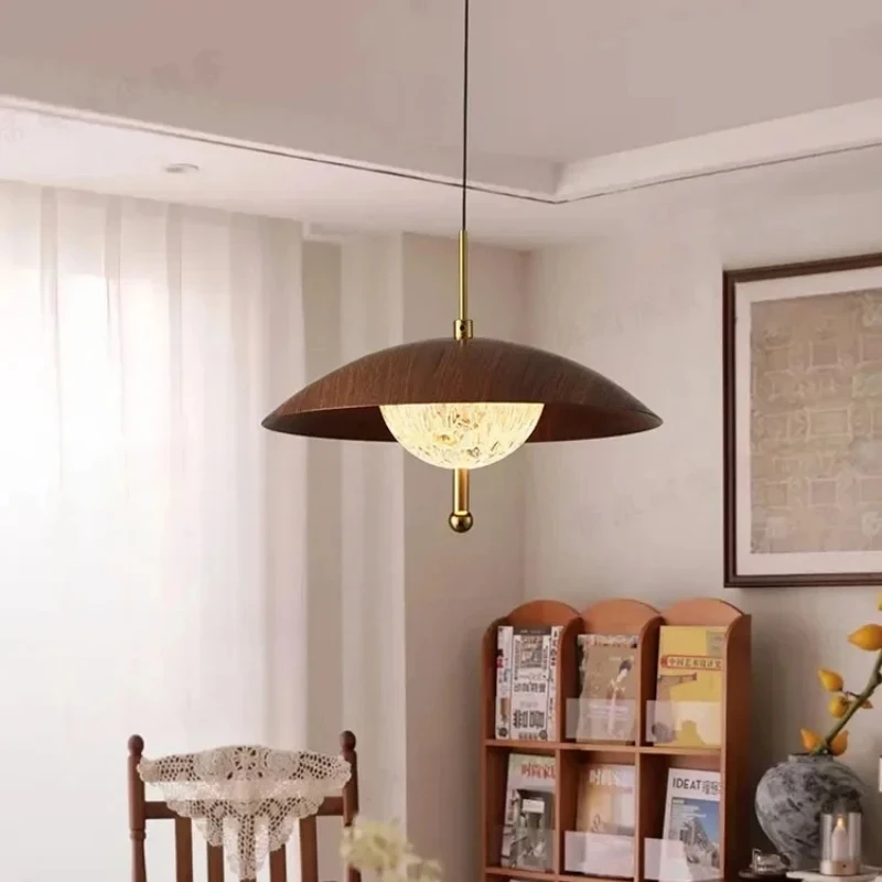 Solid Wood Disc Pendant Light Brass Textured Glass Hanging Lamp Mid Century Dining Bedroom chandelier
