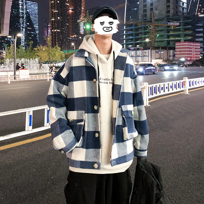 

Woolen Plaid Winter Jackets Men 2023 Korean Street Famous Button Loose Male Winter Clothing Jackets for Men Brand Coats Z228