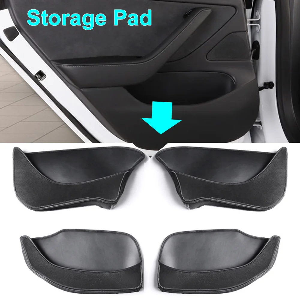 4PCS Car Door Side Storage Box For Tesla Model Y Handle Armrest Tray Organizer Pad Leather Slot Bag