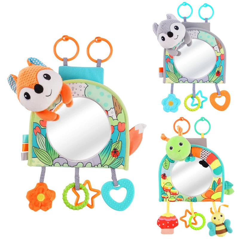 Baby Car Seat Toys Multi-Function Baby Mirror Toys Infant Soft Mirror Tummy Time Toys Hanging Squeaky Sensory Rattle Baby Toys