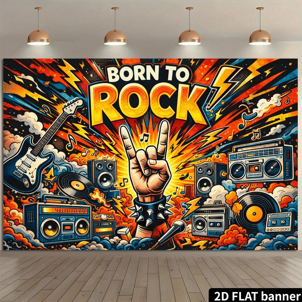 2D scene: Rock style theme "Born to Rock", vintage speaker set, and cloud and lightning decorations - view 2