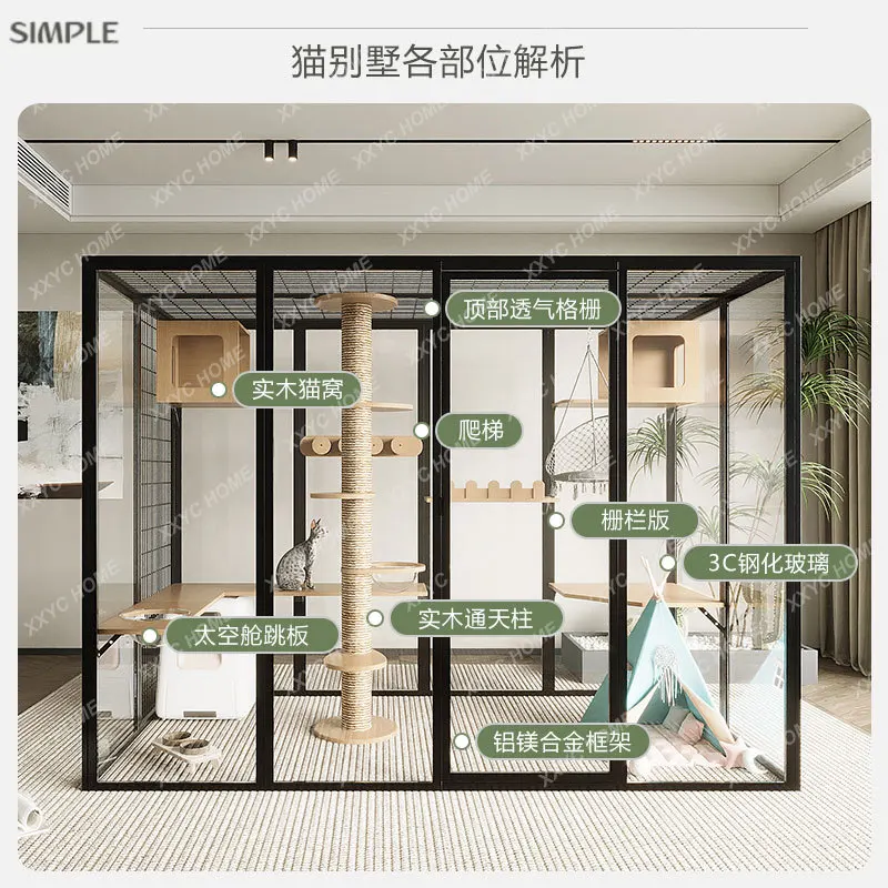 

TTPanoramic Cat Villa Клетка для кошек Бесплатная трехслойная негабаритная бытовая вилла из цельного дерева Большая комнатная стеклянная комната для кошек