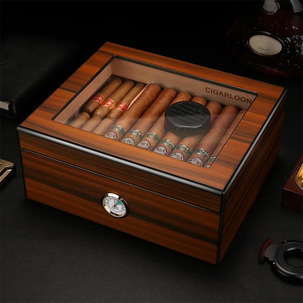 Beautiful Cedar Wood Cigar Humidor Large Capacity For 56pcs Cigar Humidor Glass Top Cigar Box Cabinet Portable Travel Humidor