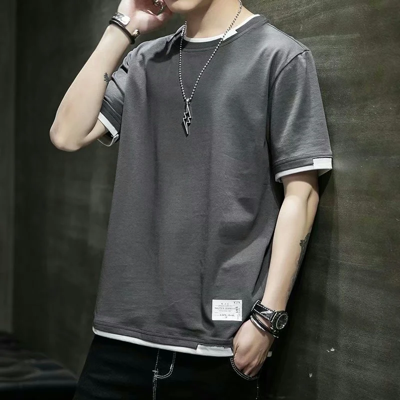 Grey Short Sleeve T-Shirt for Men Summer Affordable Casual Print Design Standard Fit Youthful Trendy round Neck Thin Fabric