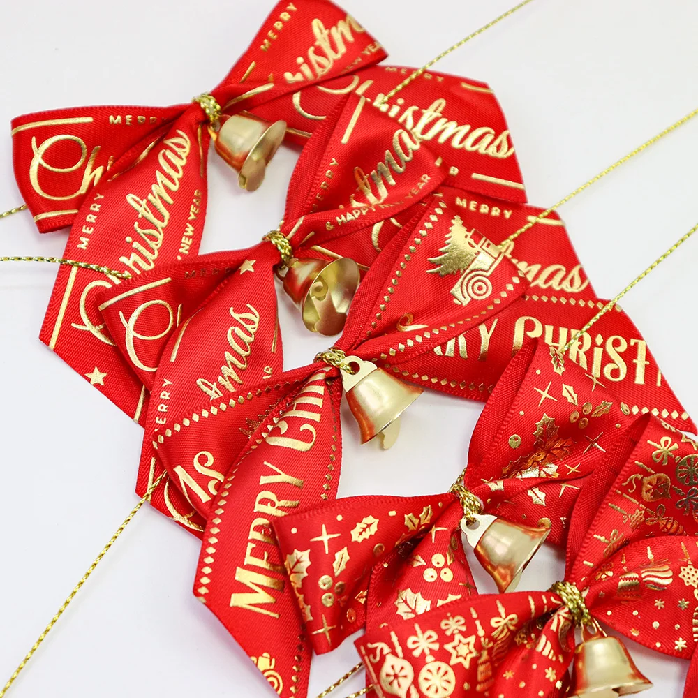 6Pcs Gold Merry Christmas Snowflakes Bell Hair Bows Red Satin Ribbon Bowknot Christmas Tree Decorations Party Sewing Supplies