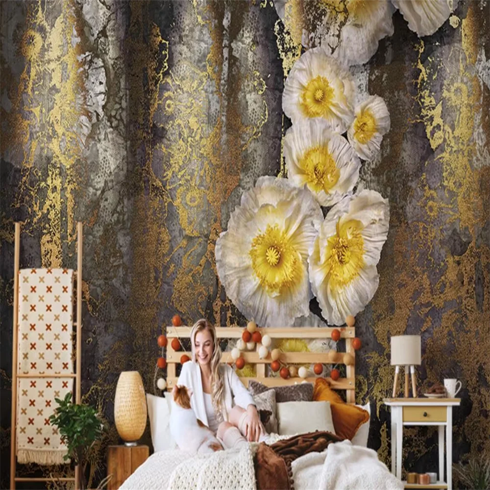 Custom 3d wallpaper mural abstract vintage yellow floral wall paper for living room TV background wall papel pintado de pared
