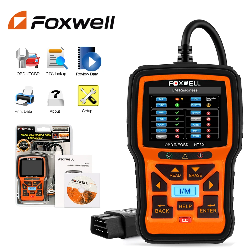 Сканер FOXWELL NT301 OBD2, диагностический прибор для чтения кодов двигателя, PK ELM327