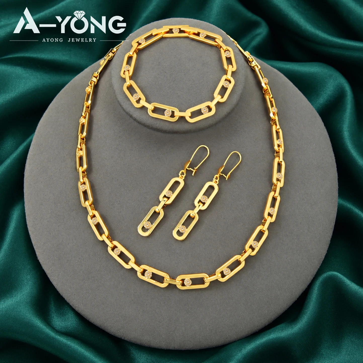 Dubai Mode Zirkonia Schmuckset 21k Vergoldet Italienische Geometrische Halskette Armband Ohrringe Arabischer Damen Event Party Schmuck – Detail 3