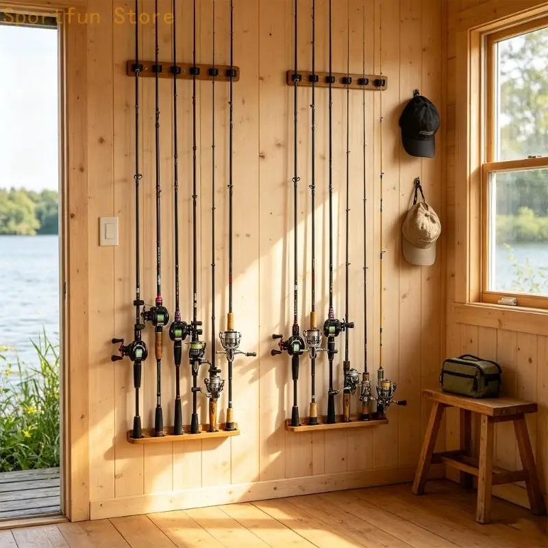 Home Fishing Rod Display Holder for Wall Mount Storage, 6-Slot Rack for Garage, Shop, and Gear Organization X7JD