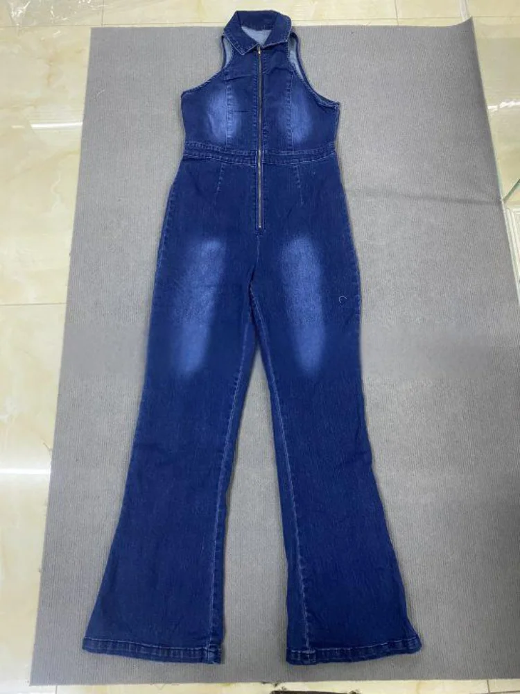 Spring and Summer new women's fitted retro high-waisted denim jumpsuits with zipper cardigan flared pants