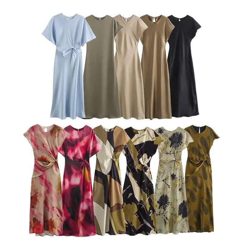 

Женская юбка миди из полиэстера с принтом, из шелковистого атласа, А-силуэт, базовая, повседневная, деловая, с круглым вырезом