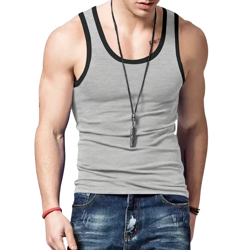 Men\'s Tank Top Pure Cotton Youth Summer Elastic Tight Sports Breathable Sleeveless Bottom Sweatshirt Slim Fit Contrast Color Tre