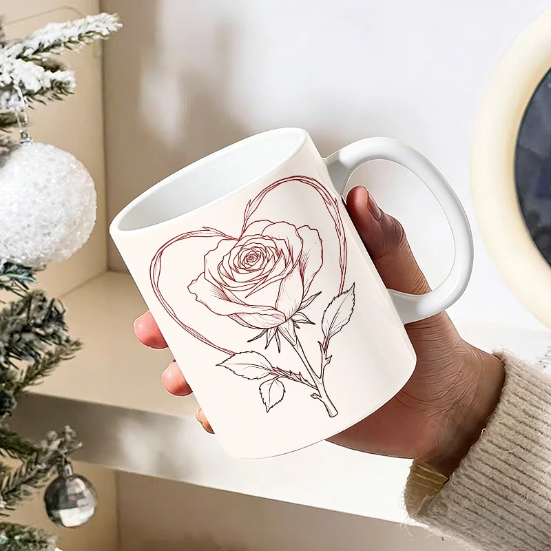 

Red Line Rose with Heart Outline Ceramic Mug with Handle, Creative Coffee Mug,Insulated Milk Cup, Office Tea Cup, Fade-Resistant