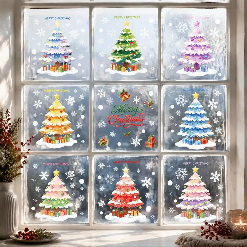 9Pcs Macaron Christmas Tree Static Window Clings Snowflake Gift Christmas Glass Stickers Reusable Window Decals for Home Shop