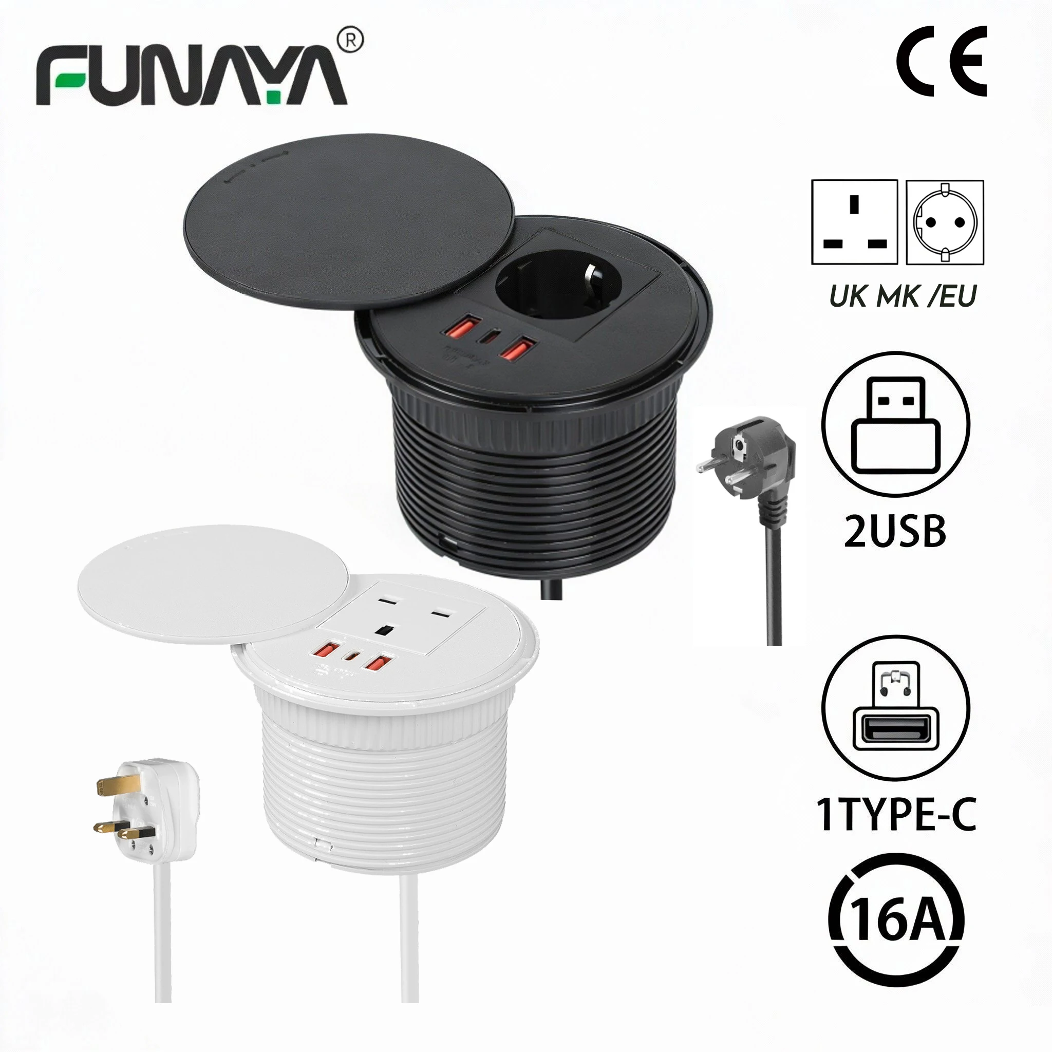 

FUNAYA Embedded Circular Desktop Socket EU MK UK Plug with USB TYPE-C Charging Built-in Desk Countertop Table Extension Outlets