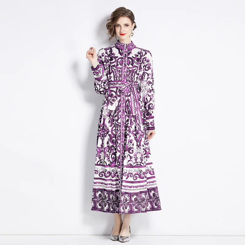 Faionable Court Sle Impresso Cercs Roxo Esmalte Botão Único Gola Inverno Thiened Feminino Dr Ordem Chinesa