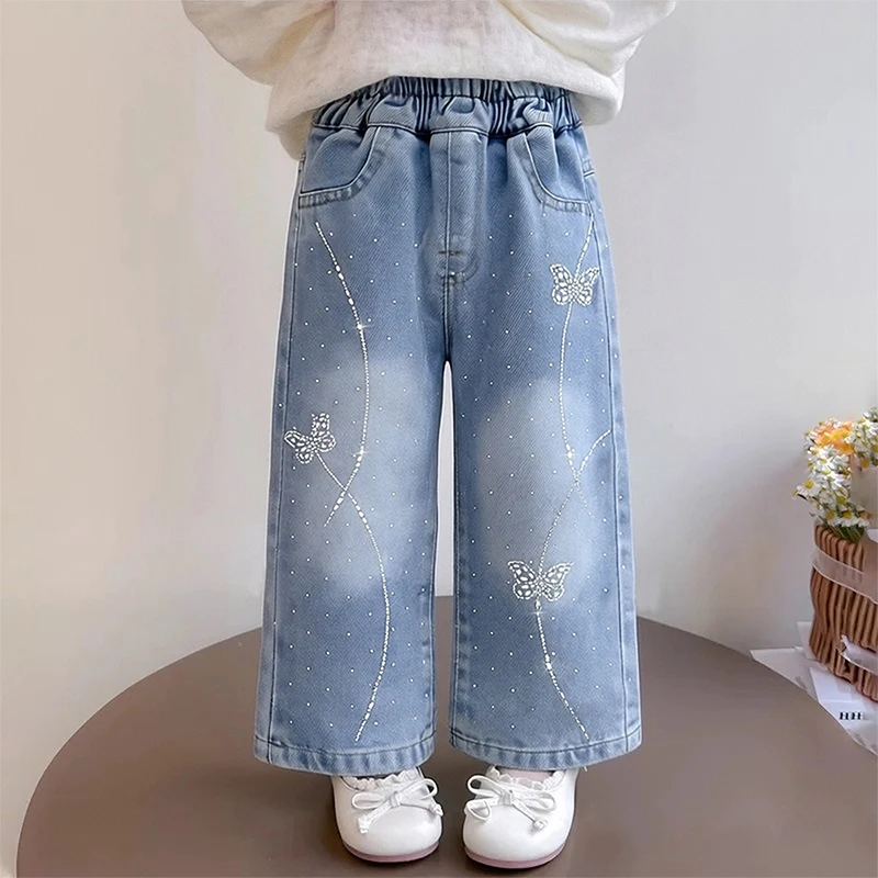 Girls' Straight Jeans Spring and Autumn Baby Girls' Washed Soft Wide-Leg Jeans Children's Korean Style Casual Long Pants