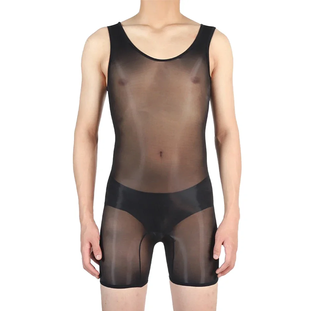 Men Sexy Lingerie Oil Shiny Bodysuit Sleeveless Erotic Underpants Sheer Jumpsuit Slim Fitting High Stretchy Male Bodysuits