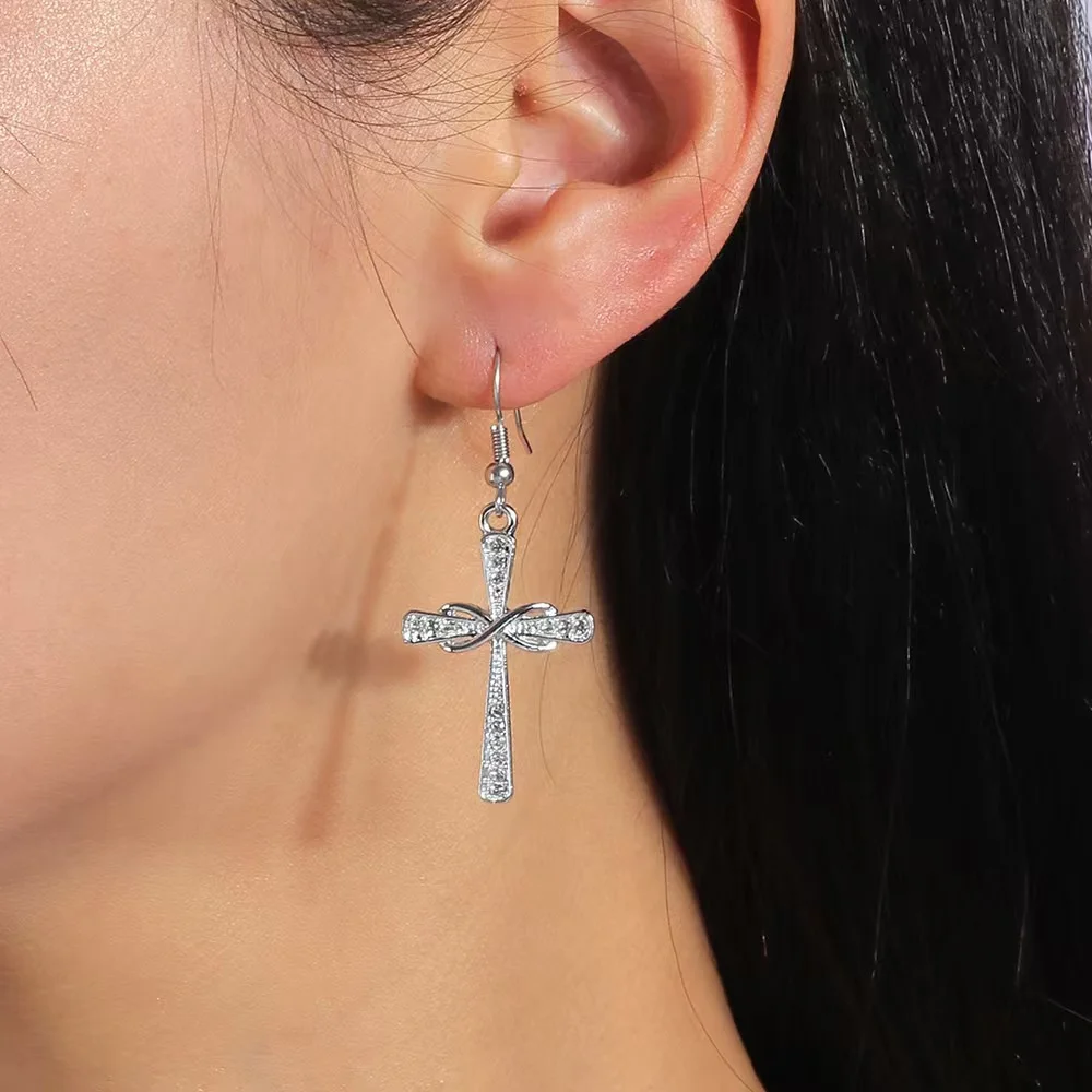 

Exquisite Punk CZ Cross Pendant Women's Earrings With Cubic Zirconia Fashion Metal Ear Hook For Women Jewelry Accessories Gift