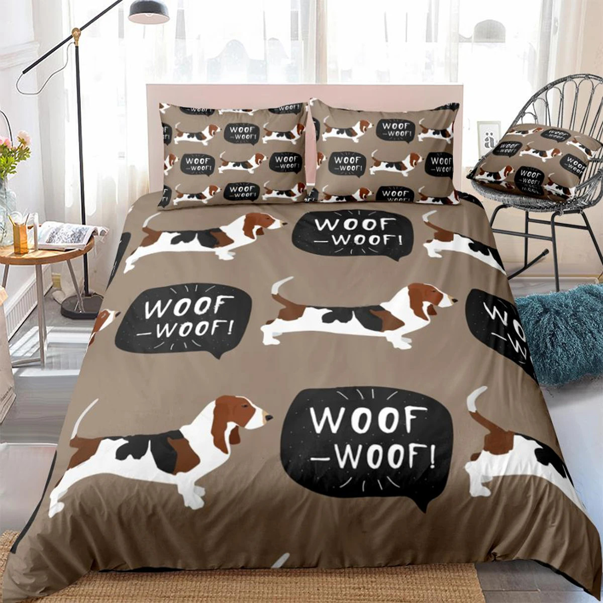 

Dog Bedding Set Basset Hound Dog Duvet Cover Set Brown Dot Pet Comoforter Cover Cartoon Animal Bedding