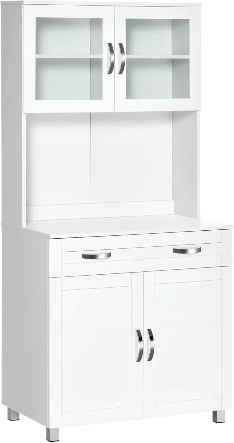 Cabinet, Modern Kitchen Hutch, Freestanding Storage Cabinet with Glass Doors, Adjustable Shelves and Drawers, White