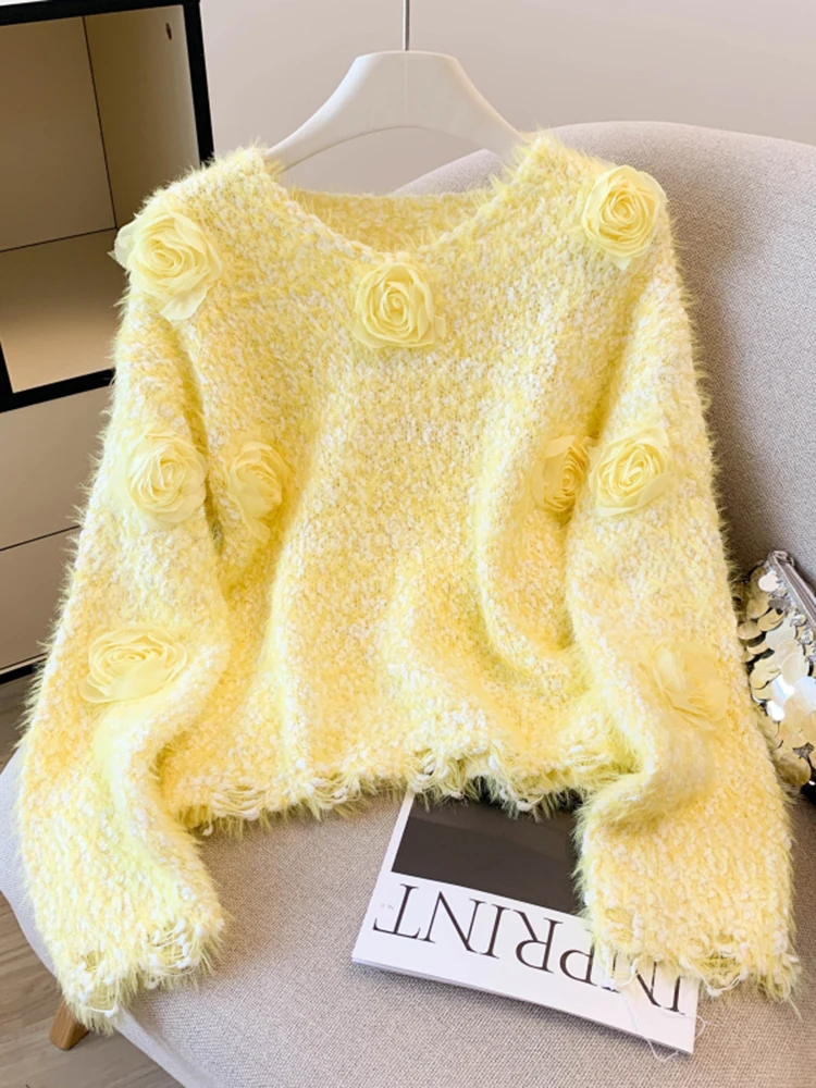 Autunno Inverno Dolce maglione floreale tridimensionale da donna Nuovo maglione lavorato a maglia pullover rosa alla moda Top S207