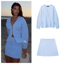 PB&ZA 2024 Spring New Women's Fashion temperament casual versatile simple knit slim fit jacket mini skirt set