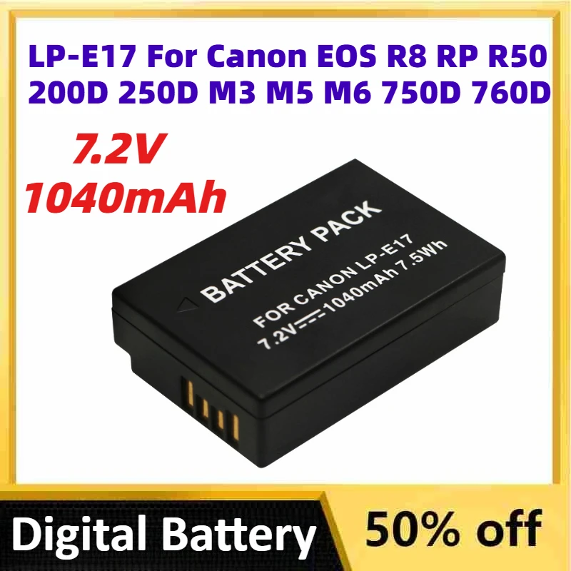 

7.2V 1040mAh LP-E17 Li-lon Digital Batteries for Canon EOS R8 RP R50 200D 250D M3 M5 M6 750D 760D T6s Rechargeable Battery
