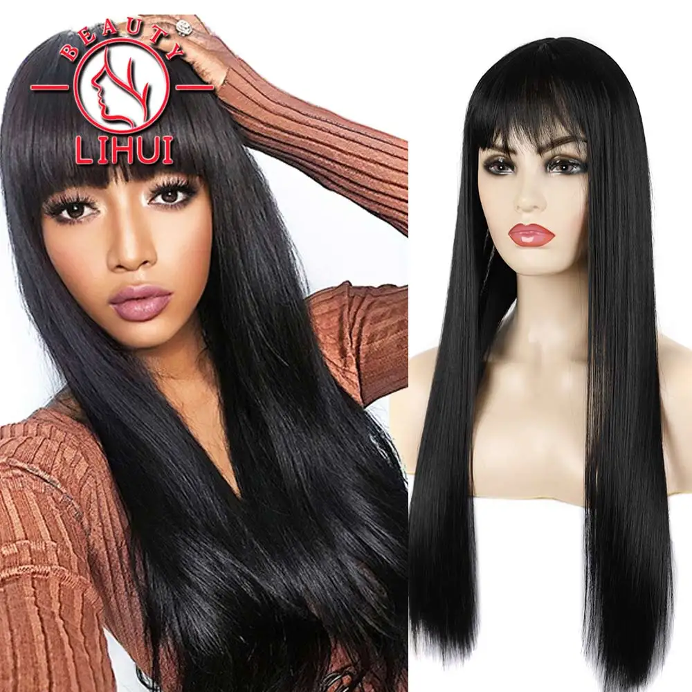 

Long Black Straight Synthetic Wigs Natural Daily Bob Hair Wigs for Women Cosplay Lolita with Bangs Heat Resistant Lihui