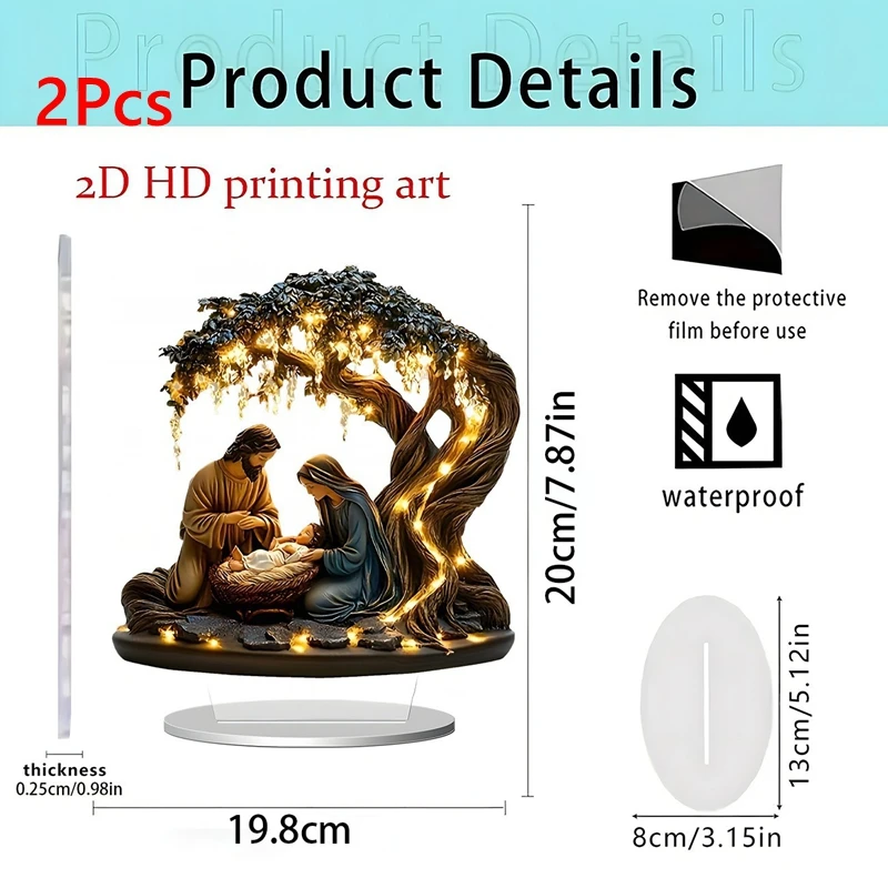 2 قطعة الإبداعية 2026 رائجة البيع الاكريليك 2D يسوع ولادة وشجرة الحياة سطح المكتب زخرفة-عيد الميلاد المسيحي المنزل مكتب هدية حفلة