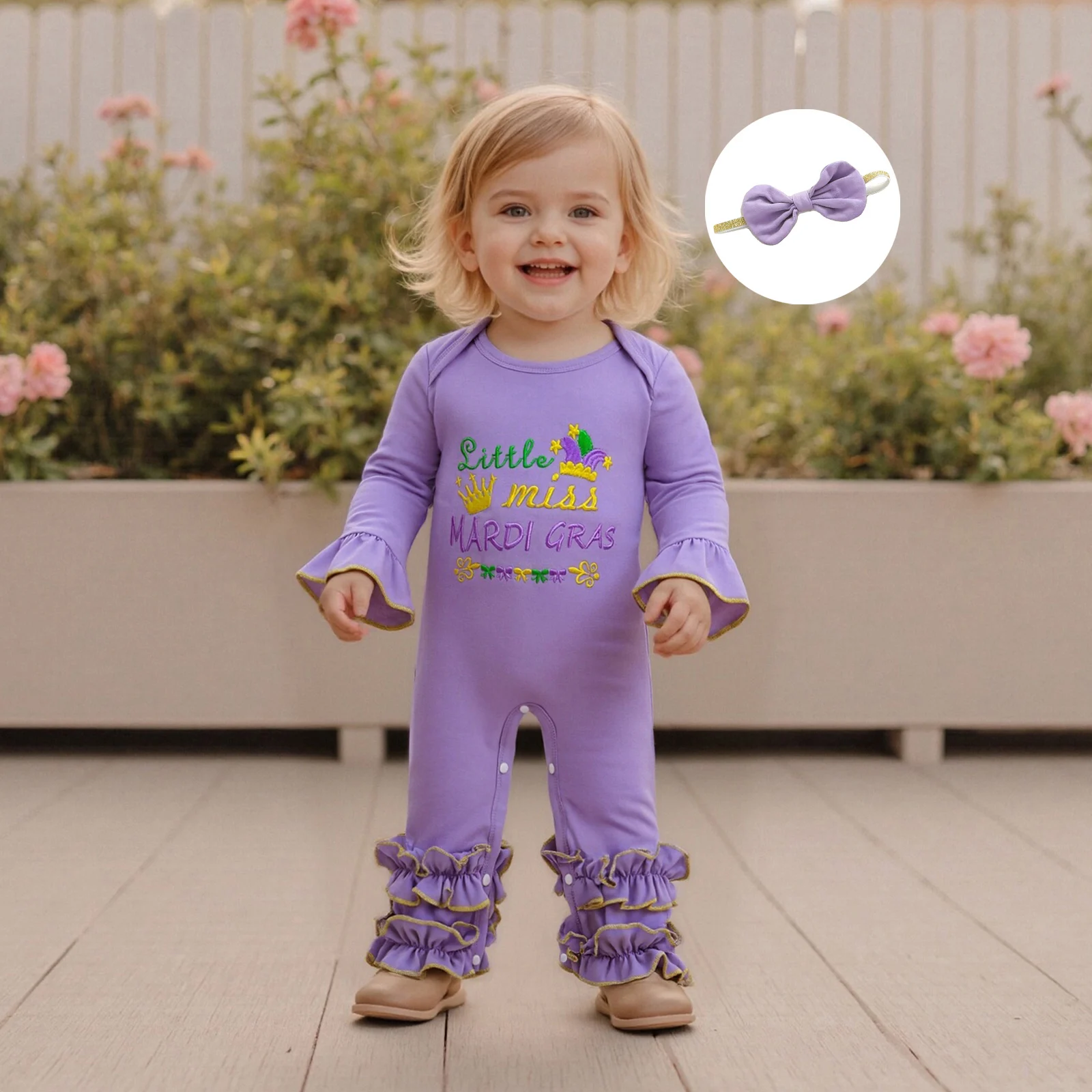 

Baby Clothing Girl Mardi Gras Themed Romper Letter Crown Embroidery Long Sleeve Round Neck Jumpsuit with Bow Headband